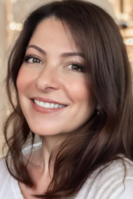 Portrait photo of an4pp4dr40 woman, (light bokeh)++, (white tshirt)+, detailed face, in a bedroom, makeup, smile