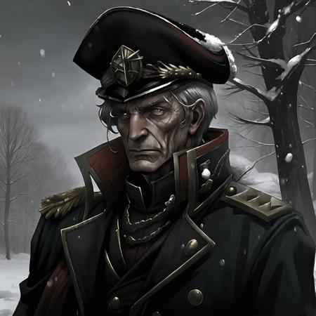 warhammer_40k_commissar, man, black uniform, ((snowstorm)) forest, red sash, ((old, wrinkles, eyebags))
 <lora:warhammer40commissarv2:1>,  AS-Elderly,