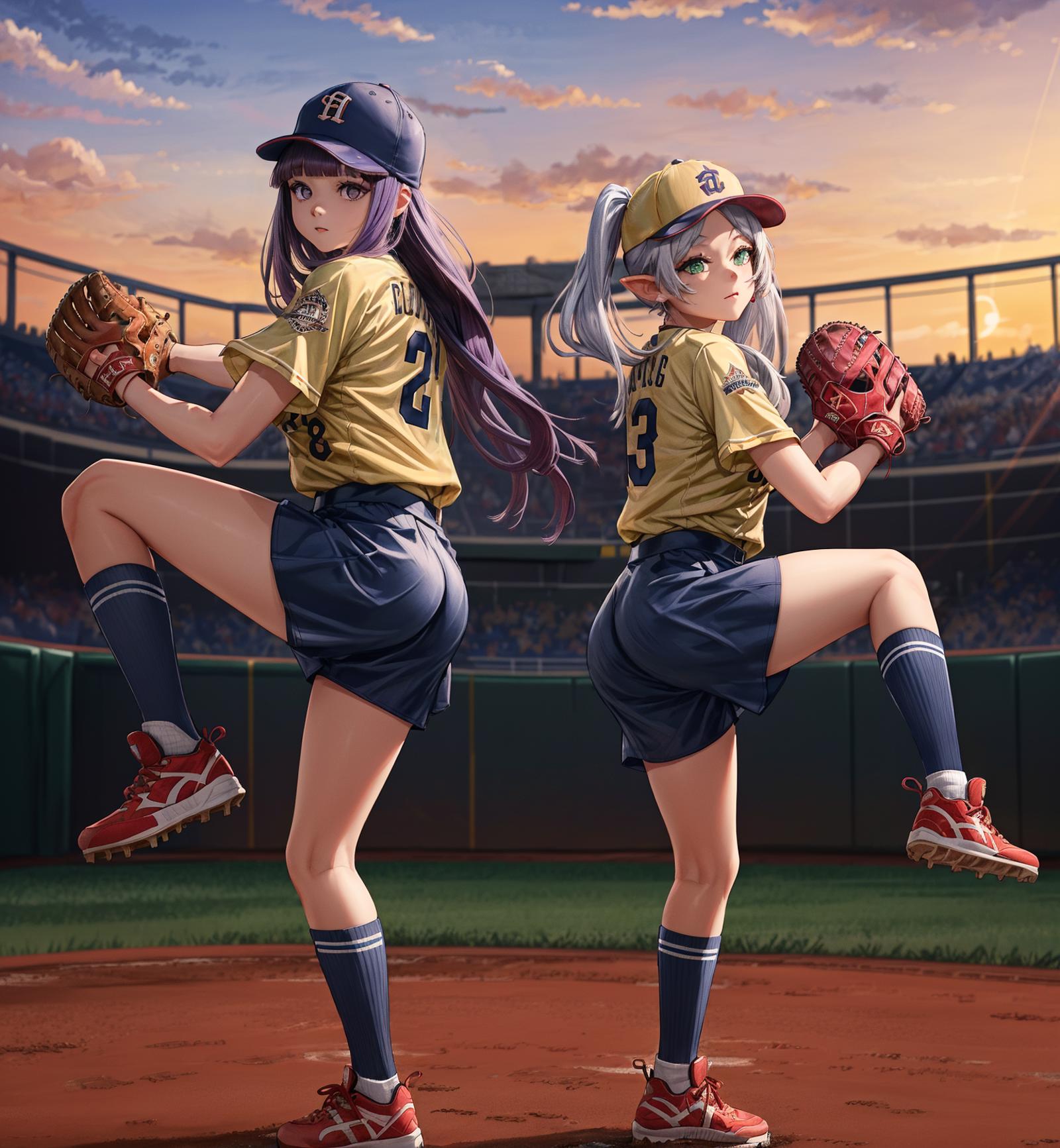 Two young female baseball players standing on a field, each holding a baseball glove.