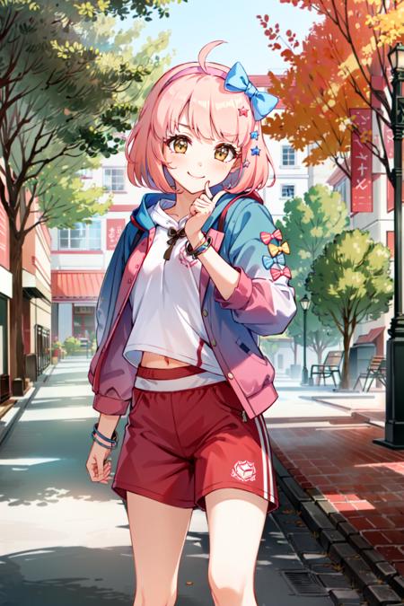 (masterpiece, best quality:1.5),<lyco:Chieru-v7-000015:1>,chieruschoolfestival,pink hair,looking at viewer,forest,outdoors,standing,smile,star \(symbol\),star hair ornament,bow,hair ornament,hair band,plaid bow,shirt,shorts,white shirt,jacket,plaid,gym uniform,hair bow,bow hairband,red bow,red hair band,red shorts,