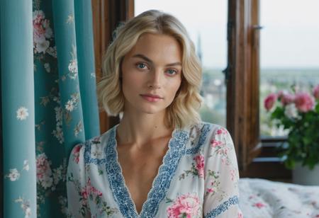 BloomCore, intimate bedroom portrait photo of european 30 y.o  woman, Blond hair,  perfect natural face, no makeup,natural body, natural skin, georgian windows, [floral print], 8k uhd, high quality <lora:add-detail-xl:1>  <lora:BloomCore:0.9>