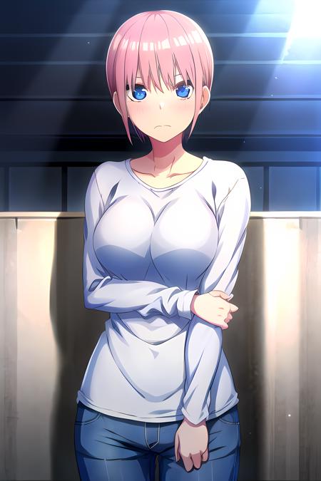 1girl, solo, breasts, looking at viewer, blush, short hair, bangs, blue eyes, large breasts, shirt, long sleeves, hair between eyes, closed mouth, collarbone, white shirt, upper body, pink hair, pants, indoors, shiny hair, lens flare, light rays, :t, pout, style novel  <lora:last:0.7>, <lora:GoodHands-vanilla:1>