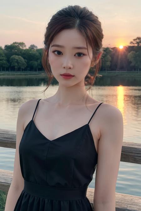 a woman, (photograph), masterpiece, (realistic), (hyperrealism), (photorealistic), (upper body:1.3), eye makeup:0.8, looking at the viewer, black dress, at the park, (sunset),  <lora:httpminju:0.45>