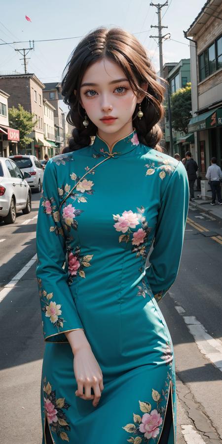 <lora:ChinaDressStyle1_Remake:0.8>, 1girl, (green long china dress), white long sleeves, (floral print, birds print), looking at viewer, long hair, (twin braids), upper body, standing, (cowboy shot),(masterpiece, high quality, best quality), (colorful),(delicate eyes and face), volumatic light, ray tracing, extremely detailed CG unity 8k wallpaper,solo, ((flying petal)), outdoors, (night), cityscape, streets, buildings, lights