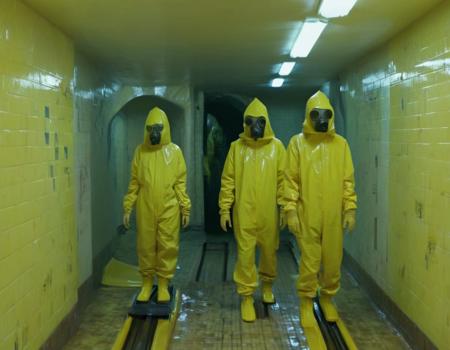 two humans meets strange horror creature, humans wearing yellow hazmat suit and gazmask pictured in weirdcore aesthetic style, liminal space underground with (slides:2) and flooded and tiles on the walls, weird, distorted <lora:weirdcore_v3-000002:1>