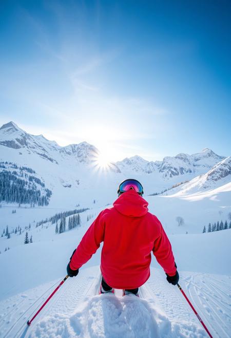 ski jump, view from below, snowy mountain behind skier, red winter coat, ski googles and ski helmet, blue sky, detailed, sunrise