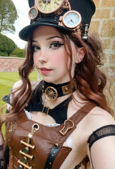 Belle Delphine, an closeup image of a woman in a steampunk outfit