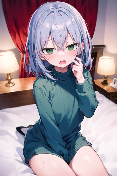 <lora:worriedeyes_v100:1>
insanely detailed, absurdres, ultra-highres, ultra-detailed, best quality,
1girl, solo, 16 years old,  nice hands, perfect hands,
BREAK,
wearing sweater, (cleavage:-1.5),
upset, gasping, ecstasy, orgasm, open mouth, (looking at viewer:1.3),
(sitting on bed), seductive pose, cowboy shot, from above,
BREAK,
slender, kawaii, perfect symmetrical face, ultra cute girl, ultra cute face, ultra detailed eyes, ultra detailed hair, ultra cute, ultra beautiful,
by Canon EOS, SIGMA Art Lens 35mm F1.4, ISO 200 Shutter Speed 2000,
elegant hotel room, closed curtains, antique interior, ultra detailed background,
cinematic light, indirect lighting, evening light, depth of field,
medium breasts, cleavage,
BREAK,
(silver medium hair, dark green eyes), hair between eyes