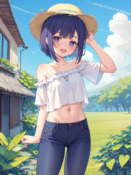 1girl, blue flower, solo, hat, smile, flower, breasts, holding, holding camera, black hair, camera, shirt, white headwear, white shirt, pants, looking at viewer, purple eyes, navel, off shoulder, cleavage, outdoors, cloud, bare shoulders, denim, sky, sun hat, midriff, day, collarbone, off-shoulder shirt, morning glory, short hair, hand on headwear, contrail, cowboy shot, bangs, blue sky, short sleeves, jeans, medium breasts, grin, airplane, aircraft, standing, twitter username, blue pants, blush, :d, stomach, crop top, groin, hand up, open mouth, parted bangs, arm up, cloudy sky, medium hair, strapless, bob cut, frilled shirt, teeth, adjusting clothes, leaf, small breasts, plant, shorts, frills, head tilt, multicolored eyes, artist name, adjusting headwear