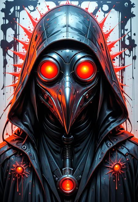 mobe-cybideen, mobe-godeen, gothic biomech plague doctor in abstract graffiti form, glowing red eyes, hyper-saturated color splashes, photoreal spray effect, <lora:GothicDetailEnhancer:0.45>, <lora:CyberBioDetailEnhancerV1:1>,