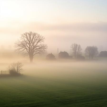 Countryside Morning Fog:
A peaceful countryside scene as morning fog blankets fields and farmsteads. Trees emerge like phantoms, and the landscape exudes a tranquil yet haunting charm, inviting contemplation in the quietude of dawn.