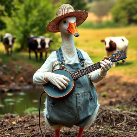Anthropomorphic Goose wearing overalls and straw hat playing a bango, on a farm, pond in background, cows in background