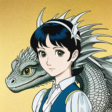 (Anime:1.1), artstyle,
best quality, 1girl, A ghostly portrait of a dragon with detailed patches | ink-wash nature on gold tones | plain background, anime style 80, 
 

(anime by Osamu Tezuka, 80s, big eyes, illustration,:1.1), manga,
(film still, image still),

complex stuff background, 