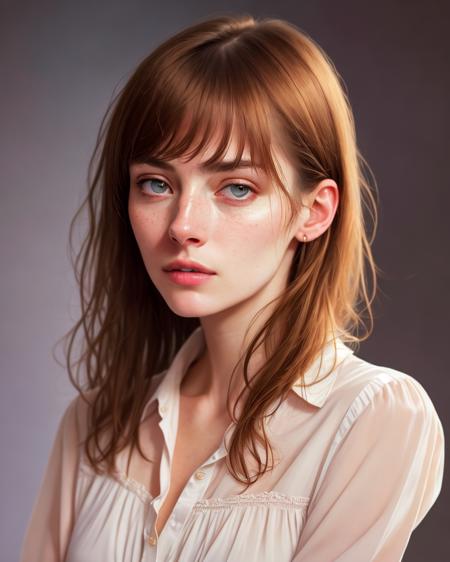 1girl, (realistic:1.3), standing, photo, gorgeous, feminine, photorealism, cute blouse, dark background, oil painting, masterpiece, diffused soft film lighting, portrait, best quality (perfect face:1.4), ultra realistic highly detailed intricate photorealistic analog style photograph sharp focus on eyes, cinematic lighting