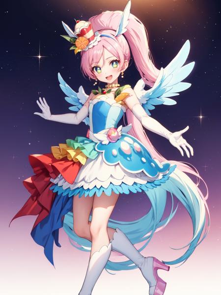 cure parfait cure parfait, wide ponytail, layered skirt, shoulder pads, high heels, white socks, wings, mini hat, elbow gloves, hairband, porch, earrings, jewelry, fruit