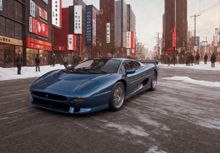 jaguarxj220s sports car parked on a snowy street in a (city in japan:1.3), global illumination, volumetric lighting, best quality, highly detailed, cgi, illustration, octane render