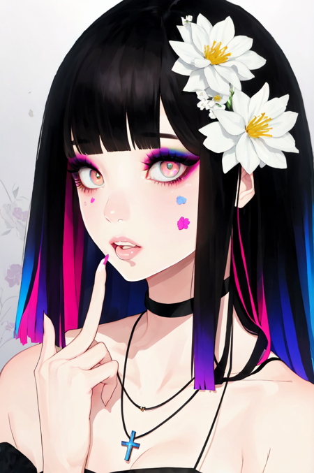 1girl, solo, long hair, breasts, looking at viewer, bangs, black hair, hair ornament, jewelry, collarbone, upper body, flower, multicolored hair, parted lips, teeth, choker, hand up, hair flower, blunt bangs, necklace, bracelet, fingernails, makeup, facial mark, cross, white flower, finger to mouth, eyeshadow, multicolored eyes, finger in own mouth <lora:Vkei_Imagination:0.75>