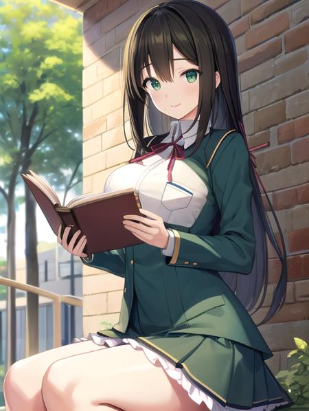 best quality, masterpiece, highres, detailed, perfect anatomy,  <lora:Detail - add_detail:0.2>, black hair, green eyes, medium breasts, breast pocket, student uniform, green clothes, red bow, happy, layered skirt, reading a book, school courtyard, outside, <lora:Character - SatsukiV12:0.8>