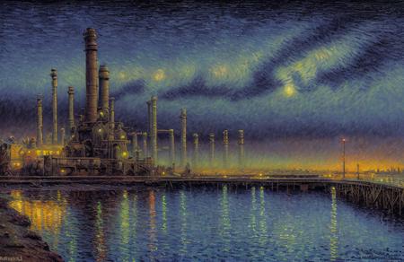 (impressionism:1.1), salt flat, Cliff/Bluff, industrialism, (bob layzell:0.7), rural, a painting,scenery,scene painting, scenery,water,steampunk city scene,night, <lora:å·¥ä¸è¸æ±½:0.4>,