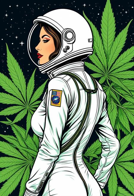 astronaut, sexy woman, open back suit zipped down showing skin, pop art, face looking back pose, side face profile, delicately cute, seductive expression, extremely detailed, cult comic graphic illustration, cannabis culture, cannabis cult leader astronaut