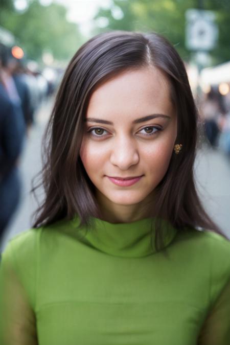 A stunning intricate full color portrait of  a woman,wearing a long high neck green dress, crowded street, spectators, happy, epic character composition,by ilya kuvshinov, alessio albi, nina masic,sharp focus, natural lighting, subsurface scattering, f2, 35mm, film grain ,cute girl, <lora:ShrimaMalati:1>