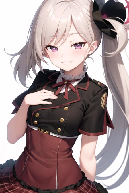 mutsuki
halo, side ponytail, long hair, white hair, hair ornament, purple eyes, black jacket, short sleeves, frills, frilled skirt, red skirt, plaid skirt, close-up, (hand on own chest:1.1), grin, half-closed eyes<lora:MutsukiBA-05:1>