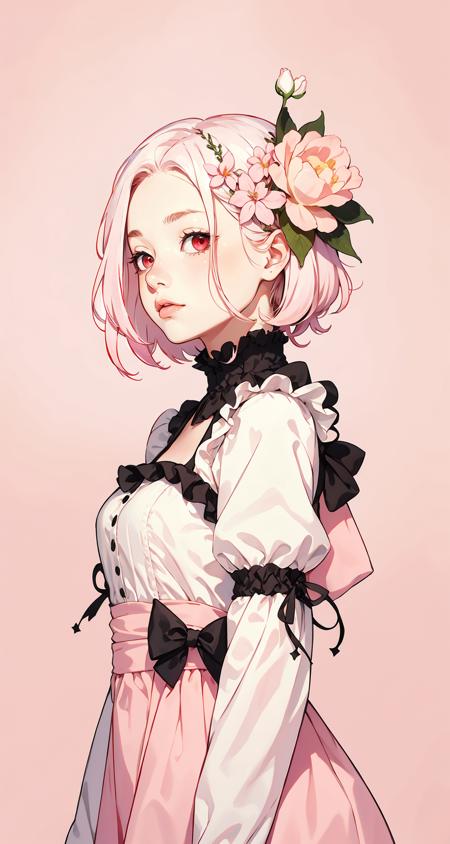 (intricate detail, beautiful:1.2), punk girl, solo, flower, red eyes, white hair, red flower, hair flower, white flower, hair ornament, from side, simple background, upper body, sideways glance, expressionless, (pastel pink theme:1.3), looking to the side, shaved sides of the head
<lora:smol02:0.4> <lora:Dreamwave v3:0.5>