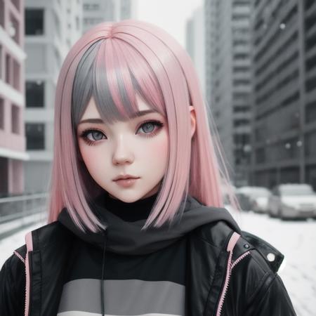 Portrait of a girl with pink hair and gray eyes, cinematic, slate gray atmosphere, soft cinematic light, adobe lightroom, hdr, intricate, highly detailed, muted colors, in front camera 50mm, by ilya kuvshinov sci-fi, faded, dim