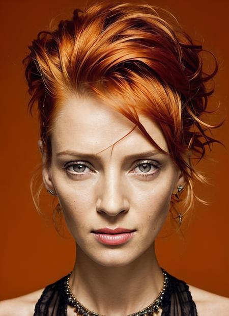 portrait of sks woman by Flora Borsi, style by Flora Borsi, bold, bright colours, orange Mohawk haircut, ((Flora Borsi)), <lora:locon_uma_v1_from_v1_64_32:1.25>