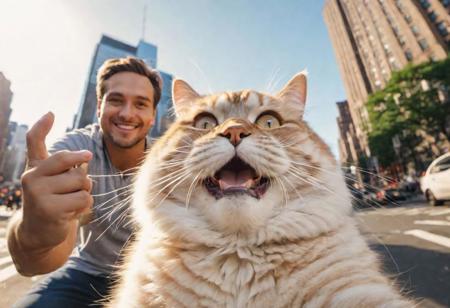 (dogs and a big fat fluffy cat, smiling taking a selfie) with a (super wide angle lenses:0.67). happy vibes, New York city center backdrop. warm lighting. Masterpiece, 8k uhd, iconic, cinematic