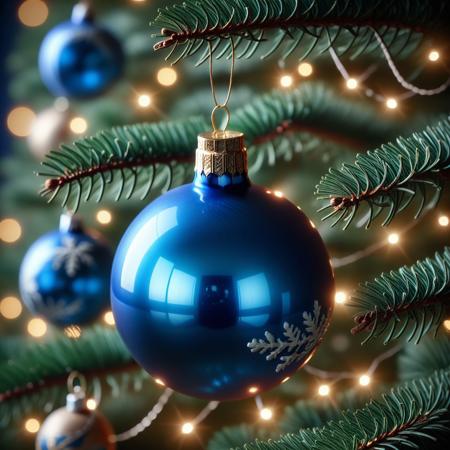 very realistic close-up photograph of a  blue Christmas sphere with a bell on it hanging in a Christmas tree branch