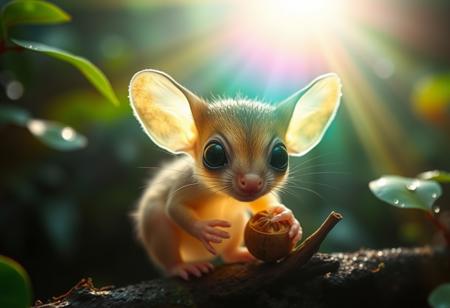 furry little translucent mammal in a rain forest zoomed in, rainbow of light reflection off dew, green and vivid colors, wild fog, large eyes, transparent body, invisible like a jelly fish, huge ears, cute, adorable, eating a nut