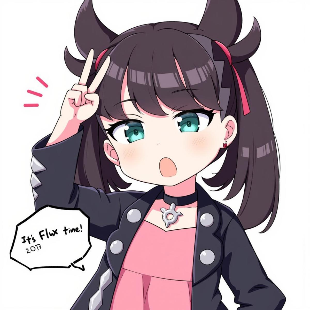 A cute cartoon style with cartoon lines picture of zzMarnie with aqua eyes and is wearing a choker, pink dress and black jacket. 
She is making a peace sign with her hand and saying, "Its Flux time!"