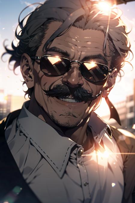 an old man, upper body, sunglasses on, long intricate mustache, huge Laughing, <hypernet:sxzCinematic_800StrongEnough:0.45>, sun glare, bokeh, depth of field, blurry background, light particles