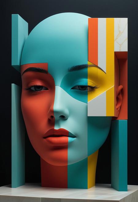 A fragmented portrait where the face is partially obscured, by geometric blocks of color and delicate surrealist elements
, surreal minimalism, bold flat colors, dreamlike abstraction, mysterious symbolism, subtle yet powerful contrasts, enigmatic figures, surrealist storytelling, muted yet striking color palettes, simplified yet expressive forms, psychological depth, haunting atmosphere, negative space composition, poetic visual language, balance of naivety and sophistication