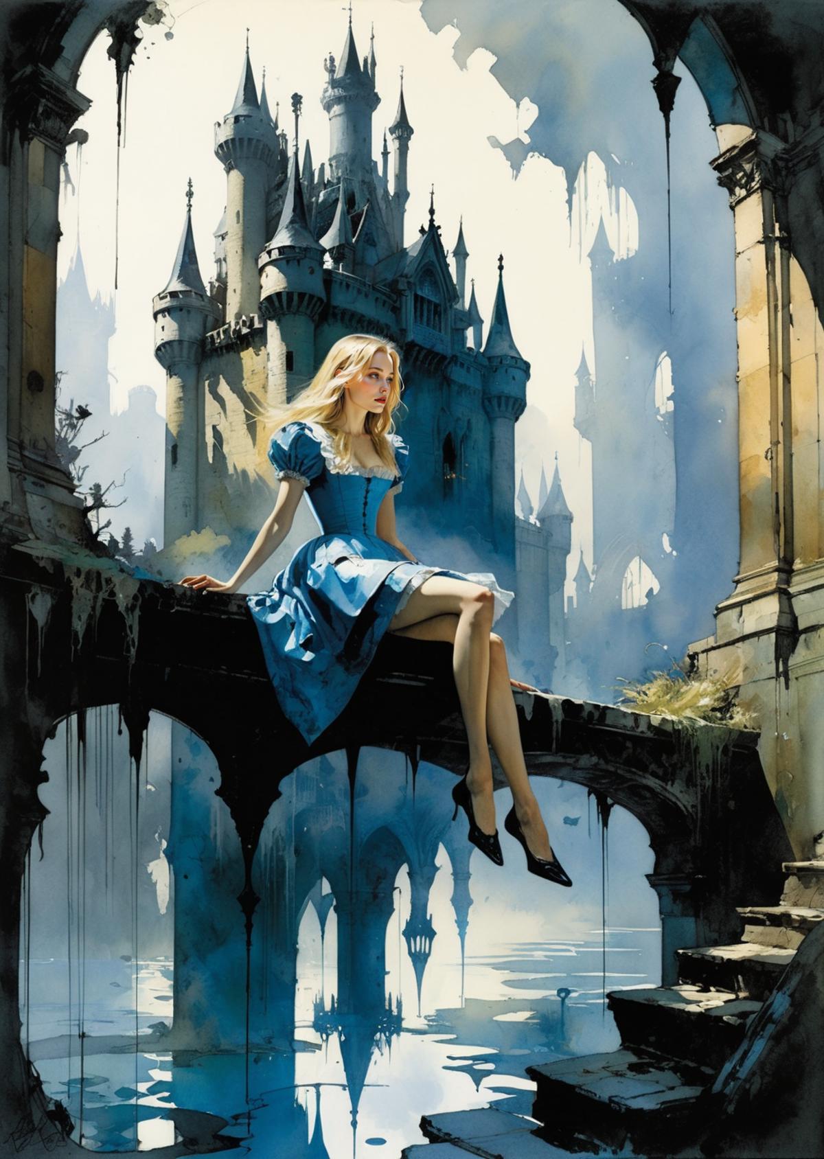 Artwork of a woman in a blue dress sitting on a bridge in front of a castle.
