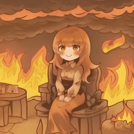 (thisisfine), 1girl, surrounded by fire, fire, cute expression, light smile