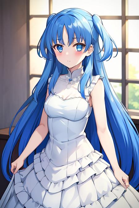 (masterpiece, best quality, hi-res:1.2),1girl, solo, long hair, blue hair, blue eyes, two side up, looking at viewer, (wedding dress),<lora:chthollyLORA415-000003:0.7>