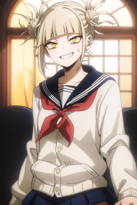 togahimiko, <lora:himiko toga s5-lora-nochekaiser:1>,
himiko toga, (toga himiko:1.2), bangs, blonde hair, (yellow eyes:1.5), blunt bangs, hair bun, double bun, messy hair, smile, grin, teeth,
BREAK skirt, long sleeves, school uniform, pleated skirt, shoes, serafuku, socks, sailor collar, blue skirt, neckerchief, kneehighs, brown footwear, cardigan, black socks, loafers, red neckerchief, yellow cardigan,
BREAK indoors, classroom,
BREAK looking at viewer, (cowboy shot:1.5),
BREAK <lyco:GoodHands-beta2:1>, (masterpiece:1.2), best quality, high resolution, unity 8k wallpaper, (illustration:0.8), (beautiful detailed eyes:1.6), extremely detailed face, perfect lighting, extremely detailed CG, (perfect hands, perfect anatomy),