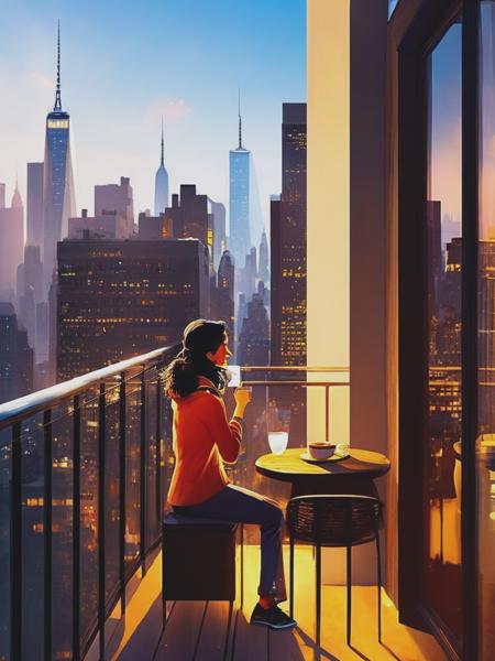 <lyco:PascalCampion:1.0> a girl in a balcony drinking a cup of coffee and looking at the horizon in New York by Pascal Campion