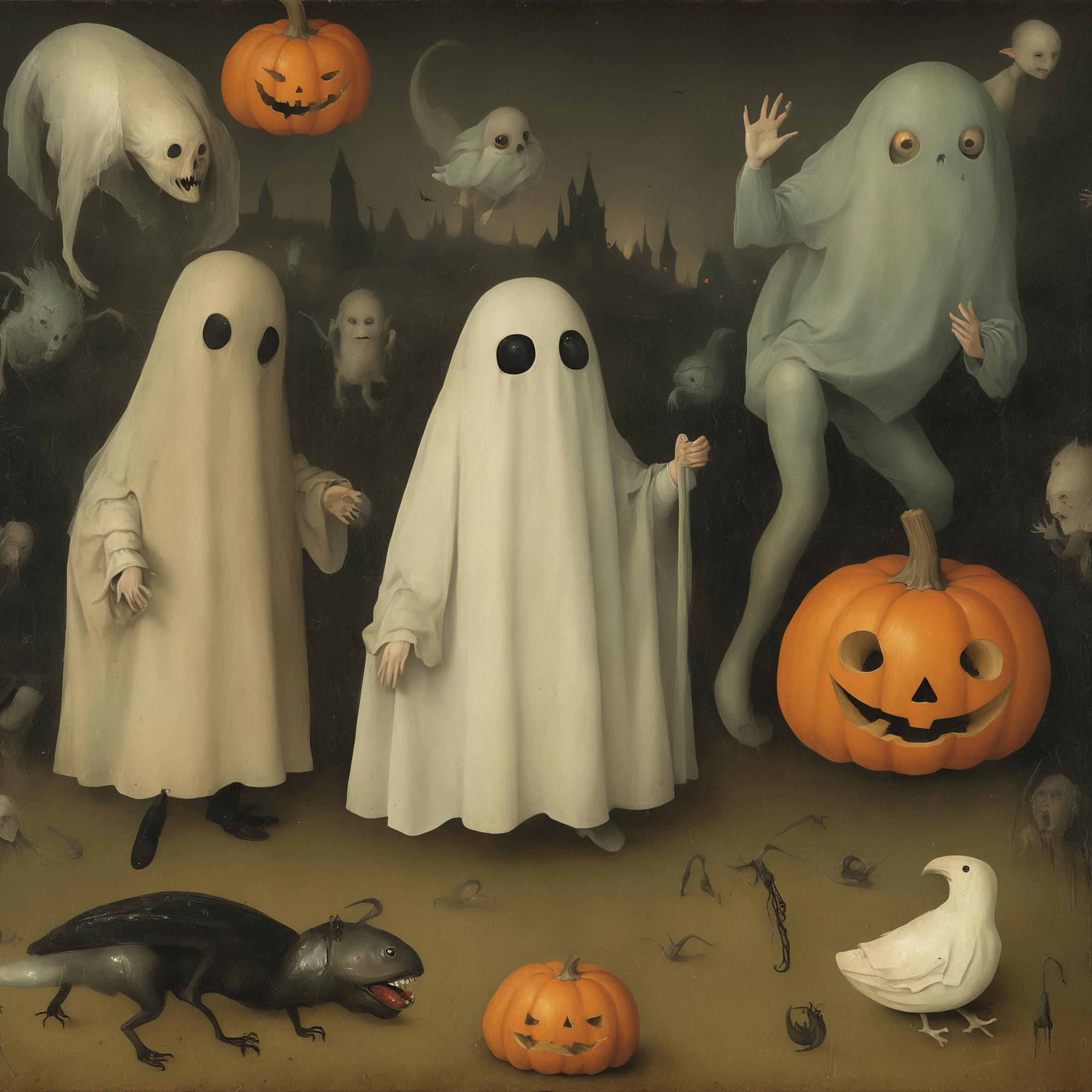 A Halloween-themed painting featuring ghosts, pumpkins, and other spooky elements.