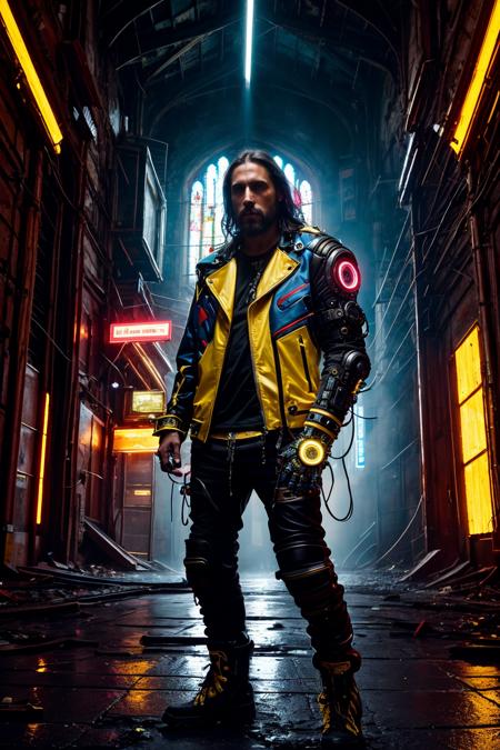 Robotic hand, punk , wearing a yellow futuristic motorbike jacket, cyberpunk atmosphere, red and blue neons, futuristic, mechanical parts,  mechanical eye,  <lora:CyberPunkAI:0.55>
