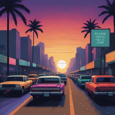 masterpiece, best quality, very aesthetic, absurdres, pixel art, wide shot, ( no human:1.2), single point perspective,( heavy traffic jam:1.5), on a coastline, palm tree, retro wave color, twilight,