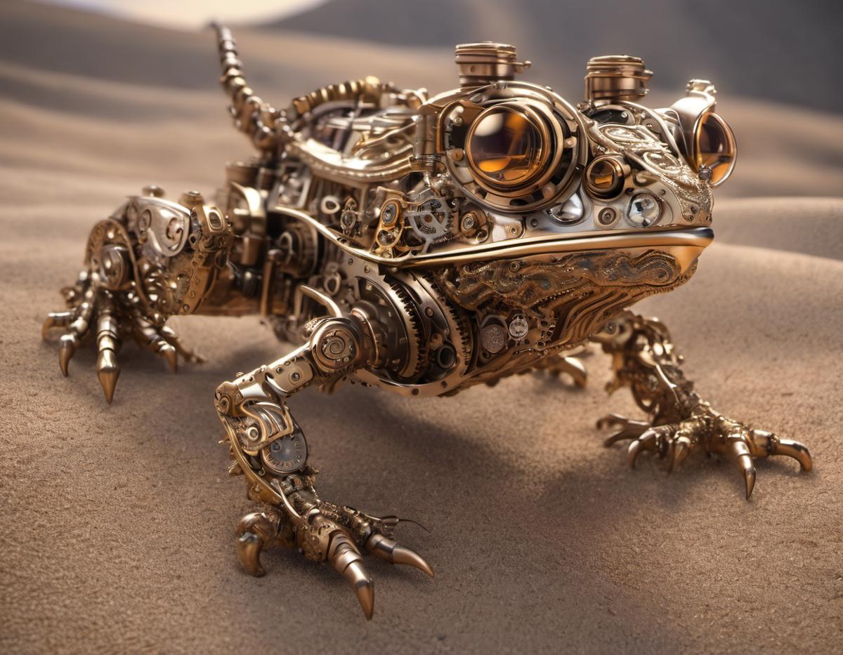 A golden robotic frog with gears and tools on its back is standing on a sandy surface.