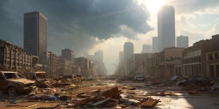a destroyed city (under a massive tornado), demolished tall buildings and crashed cars, a lot rubble covering the streets and flying around BREAK
CHSNGN, view frim below, at day time in a storm, dutch angle, dolly zoom, sun rays, lens flare, intrincate details, ultra realistic, sharp focus