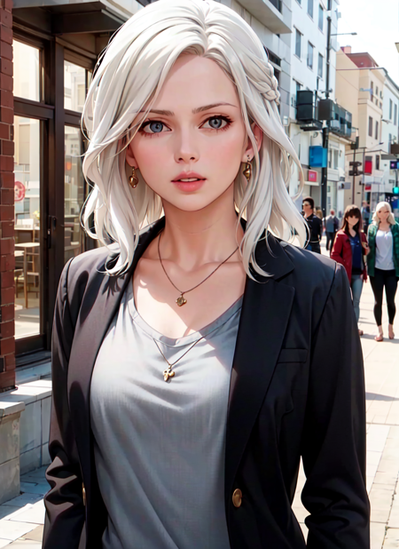 (anime screencap), anime coloring, <lora:liv_moore_offset:0.5>, liv moore, 1girl, solo, blonde hair, white hair, jewelry, jacket, necklace, parted lips, blurry, realistic, upper body, blurry background, shirt, looking at viewer, open jacket, meme, open clothes, grey shirt, long hair, lips