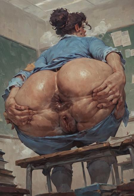 score_9, score_8_up, score_7_up, score_6_up, 1girl, ms. Frizzle, mature woman, milf, curly short red hair with top bun, blue dress with space pattern, lifting to show her ass,big butt, booty, plump butt cheeks, sweat, butthole, no pants, bubble butt, sunny, empty classroom, books, spreading ass, dark anus, butthole,, sweat, steam