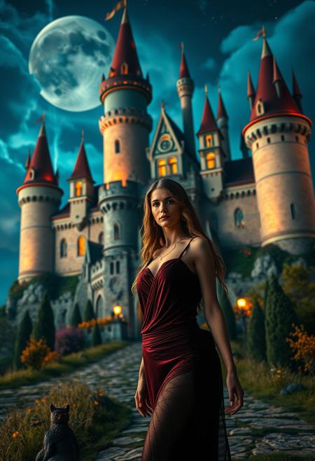 Big castel with a lot of towers in a fantasy landscape with fancy colors. Beautiful Girl in sexy cloths walking out of the castel. Focus on the face of the girl. Dramatic lighting in the night