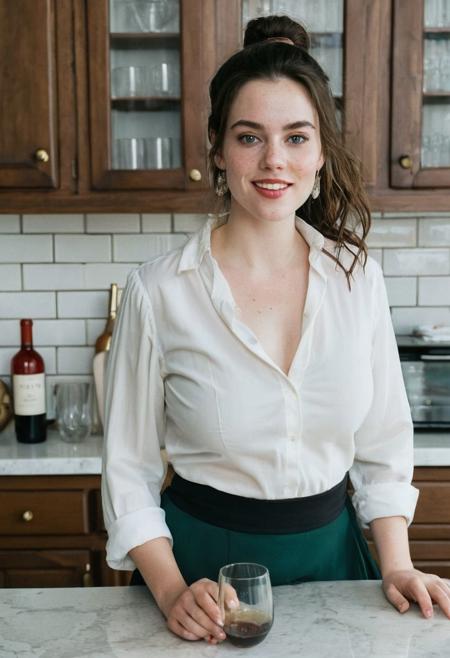 Film photograph taken in a nice suburban kitchen. Liv sits at the counter with a carafe of red line  and a stemless wine glass.
LIV wears a black skirt and white blouse, partially unbuttoned. Kitchen is all white tile and stained wood. 
LIV is an  older attractive 45 year old woman. long brown hair parted sharply in the center, up in a messy ponytail, flowing down past shoulders. Italian heritage, resembling TYLER, LIV. smooth pale skin with makeup. thin trimmed Penciled eyebrows. thin lips, slight underbite and big chin and chubby cheeks, high cheekbones, rectangular shaped face, thicker neck, wide jaw. Dark cateye eyeliner and a few light freckles. 5 foot 3 inches tall and 200 pounds, thicker neck, full breasts with cleavage, high cheekbones, wide round nose. dark brownish Green eyes, bright smile showing gums. Thigh gap. Soft tummy