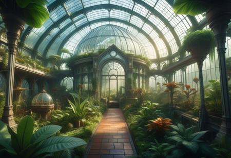 Epic cinematic digital matte painting. Wide shot. A futuristic greenhouse (((city))) fills the frame, extraordinary exotic plants and trees permeate the city's intricate, Victorian-inspired architecture. Wide-angle panoramic view. Inspired by Les Cités obscures, inspired by Urbicande, Lush vegetation. Warm sunlight filters in through the misty, stained-glass. Best quality, meticulously detailed, 8k resolution. Cinematic masterpiece, atmospheric lighting, ecological utopia, biodome architecture, mystical ambiance, futuristic camelot, magnificent botanical garden, legendary hidden city.